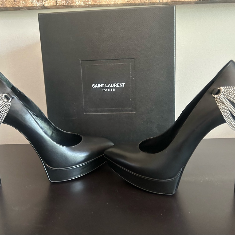 SAINT LAURENT Janis Chain Leather Platform Pumps size Italy 38.5 /8.5 - Picture 5 of 10